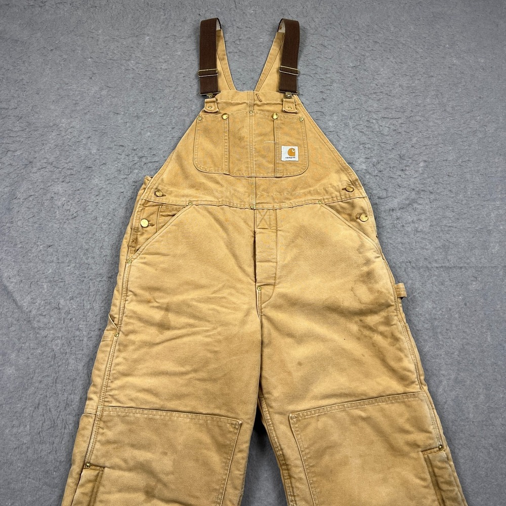 VTG Carhartt Bib Overalls Mens 36x30* Quilt Lined Double Knee Duck Canvas R03BRN